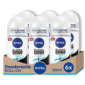 NIVEA Black & White Invisible Fresh Deo Roll-on 6 x 50 ml, Deo Fresh en Anti-halospray, geurende anti-transpirant spray beschermt huid en kleding
