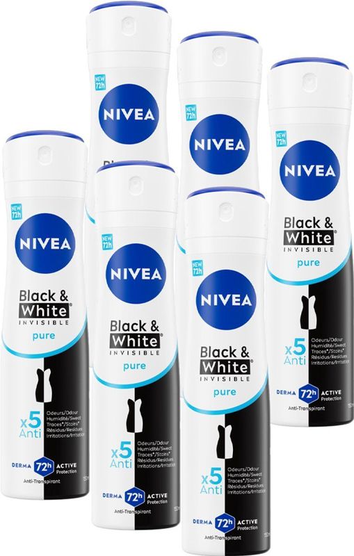 NIVEA Invisible For Black & White Pure - 6 x 150 ml - Voordeelverpakking - Deodorant Spray