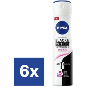 NIVEA Invisible For Black & White Clear Anti-Transpirant Deodorant Spray - Original - Geen witte of gele vlekken - 48 uur bescherming - Antibacterieel - 6 x 150 ml - Voordeelverpakking