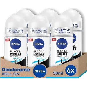 NIVEA Black & White Invisible Fresh Roll-on in verpakking van 6 (6 x 50 ml) deodorant met verfrissende geur