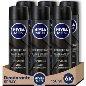NIVEA MEN DEEP Deodorantspray 6 x 150 ml, deodorant voor heren met antibacteriële formule met actieve kool, anti-transpirant deodorant voor 48 uur intensieve frisheid