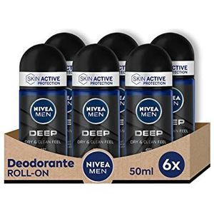NIVEA Men Deep Roll-on deodorant voor heren, 6 x 50 ml, met antibacteriële formule met actieve kool, ademend, voor 48 uur intensieve frisheid
