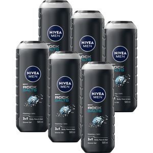 NIVEA MEN Rock Salts Douchegel - 3-in-1 Shower Gel - Shampoo - Voordeelverpakking - 6x 500 ml