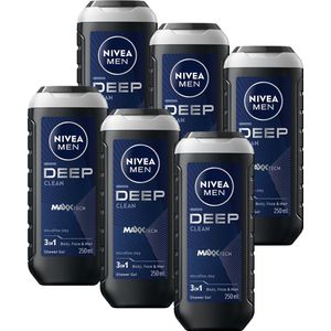 NIVEA MEN DEEP Clean Douchegel - 3-in-1 Shower Gel - Shampoo - Voordeelverpakking - 6 x 250 ml