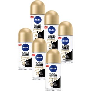 NIVEA Black & White Silky Smooth Deodorant Roller - Voor na het scheren - Geen witte of gele strepen - 48 uur bescherming - 6 x 50 ml - Voordeelverpakking