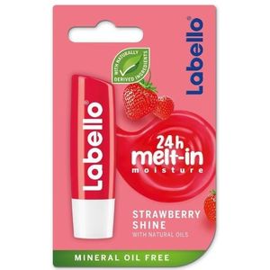 Labello Strawberry Shine Lippenbalsem 4,8 g, kleurrijke en voedende lippenbalsem met aardbeiaroma, 24 uur hydraterende lippenbalsem met natuurlijke ingrediënten
