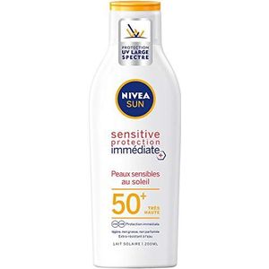 NIVEA SUN Sensitive zonnebrandcrème onmiddellijke bescherming SPF 50+ (1 x 200 ml), ongeparfumeerde en waterbestendige zonwering, lichte vetvrije textuur voor de gevoelige huid