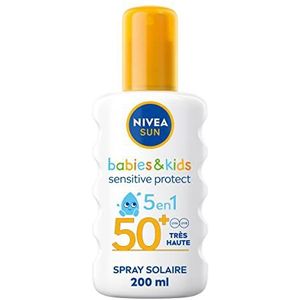 NIVEA SUN Kids Protect & Play Sensitive Zonnebrandspray, SPF 50+, 1 x 200 ml, parfumvrije en extreem waterbestendige zonnebescherming, verrijkt met aloë vera