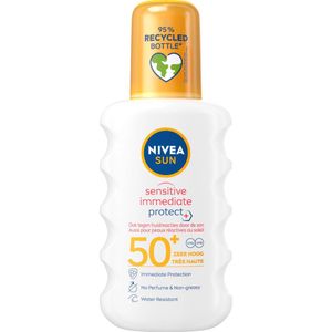 NIVEA SUN Sensitive Immediate Protect Zonnebrand Spray SPF 50 +- Gevoelige huid - Met bio aloë vera - Parfumvrij - Zonbescherming - 200 ml