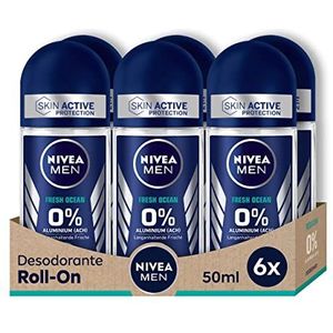 NIVEA MEN Fresh Ocean Deo Roll-On (6 x 50 ml) aluminiumvrije deodorant (ACH) met 48 uur bescherming tegen lichaamsgeur, roll-on met verfrissende geur (verpakking kan variëren)