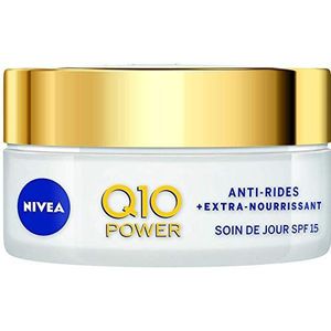 NIVEA Q10 Power Anti-Rides Soin de Jour + Extra-Nourrissant (1x50ml), Soin visage FPS 15 enrichi en Huile d’Argan BIO & Q10 naturel, Crème de Jour Peau Sèche à Très Sèche