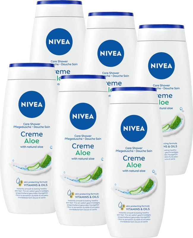 NIVEA Creme Aloë Vera Douchecrème – Douchegel met 3 heilzame oliën - Bevat vitamine C en E - 6 x 250 ml - Voordeelverpakking
