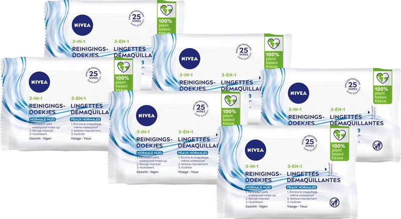 NIVEA 3-in1 Verfrissende Reinigingsdoekjes - Make-up Remover Doekjes - Normale tot gemengde huid - Lotusbloemextract - Gezichtsreiniger - 6 x 25 stuks