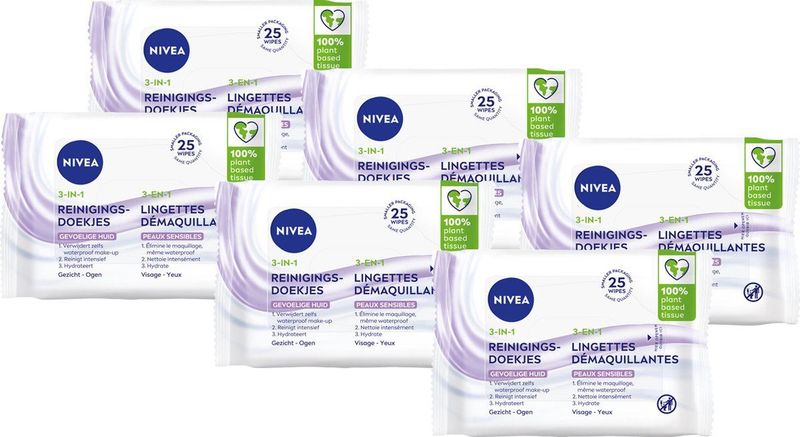 NIVEA Sensitive Reinigingsdoekjes - Make-up Remover Doekjes - Voor de gevoelige huid - Dexpanthenol - 6 x 25 stuks