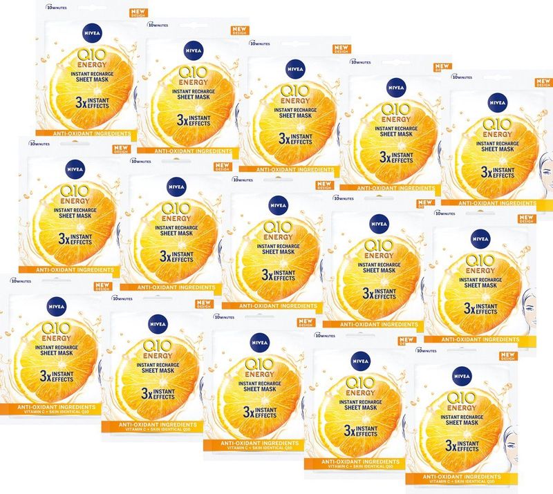 NIVEA Q10 Energy Tissue Masker - Gezichtsmasker - Doffe en grauwe huid - Q10 - Vitamine C - 15 stuks