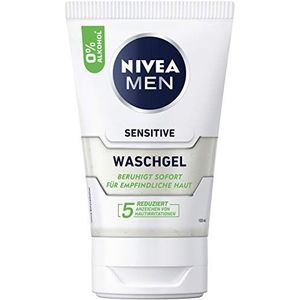 NIVEA MEN Gevoelige wasgel (100 ml), zeepvrije reinigingsgel met kamille en vitamine E voor de gevoelige huid van mannen, kalmerende gezichtsreiniger met 0% alcohol