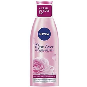 NIVEA Rose Care 2-in-1 micellaire melk (1 x 200 ml), biologische rozenwater make-up remover melk voor alle huidtypes, gezichts- en lippenreiniger, make-up remover en toning
