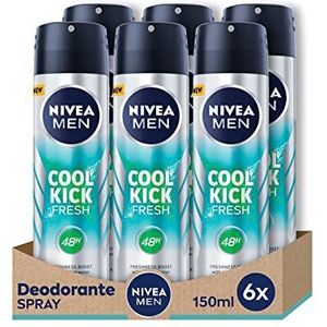 NIVEA MEN Cool Kick Fresh Anti-Transpirant Spray – 6x150 ml | Voordeelverpakking – 48u Bescherming – Skin Active Protection – Frisse Boost met Cactuswater