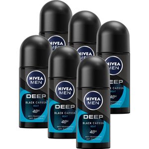 NIVEA MEN Deep Black Carbon Beat Deodorant Roller - Anti-transpirant Roll-On - 6 x 50ml - Voordeelverpakking
