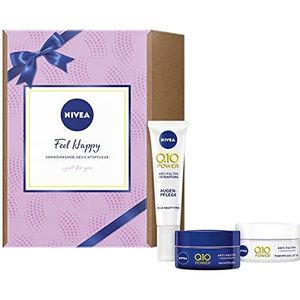 NIVEA Feel Happy Anti Aging cadeauset voor de gevoelige huid, verzorgingsset met Nivea Q10 Power anti-rimpelverzorging, dagverzorging, nachtverzorging en oogverzorging