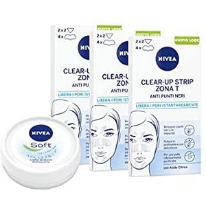 NIVEA Clear-Up Strips Zona T Zwarte stippen in een verpakking met 3 x 6 pleisters, anti-onvolkomenheden gezichtspleisters, met gratis Soft Mini - 110 g