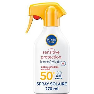 NIVEA SUN Sensitive Zonnespray, onmiddellijke bescherming, gevoelige huid, SPF 50+ (1 x 270 ml), vetvrije en geurvrije zonwering, waterbestendige zonnebrandcrème