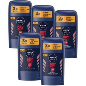 NIVEA MEN Dry Impact Deodorant Stick - 48 uur bescherming - Dual Protect-formule - Alcoholvrij - Antibacterieel - Quick Dry - 5 x 50 ml - Voordeelverpakking