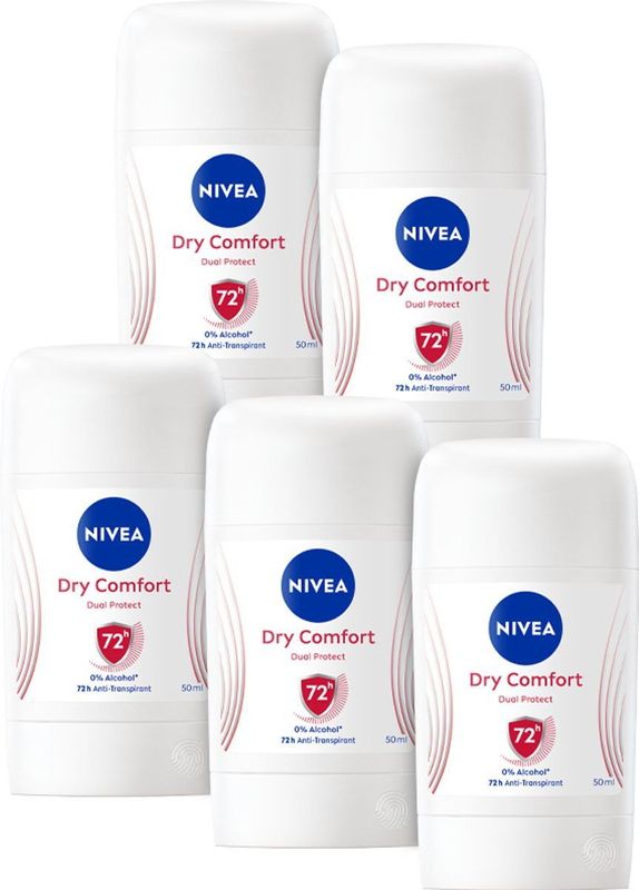 NIVEA Dry Comfort Anti-Transpirant Deodorant Stick - Antibacterieel - Alcoholvrij - 5 x 50 ml