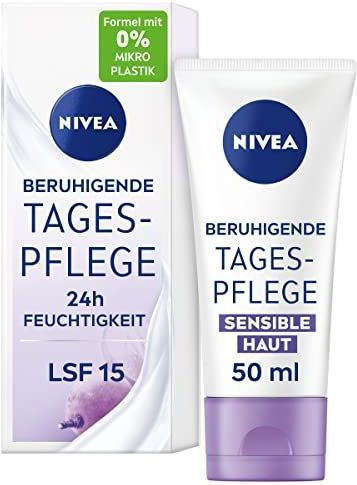 NIVEA Kalmerende dagverzorging, 24 uur vocht SPF 15, parfumvrije gezichtscrème voor de gevoelige huid, zachte dagcrème met druivenpitolie