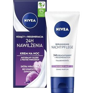 NIVEA Rustgevende nachtverzorging, 24 uur vocht + regeneratie, parfumvrije gezichtscrème voor de gevoelige huid, zachte nachtcrème met druivenpitolie