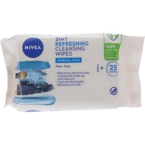 NIVEA 3in1 Verfrissende Reinigingsdoekjes Normale Huid (25 vellen), Plantaardige Biologisch Afbreekbare Doekjes, Gezichtsdoekjes voor Normale Huid, Zachte maar Effectieve Make-Up Verwijdering