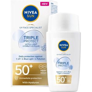 NIVEA SUN UV Face Specialist Triple Protect Fluid - Zonnebrand - SPF 50+ - Drievoudige bescherming - Met zoethoutextract en hyaluronzuur - 40 ml