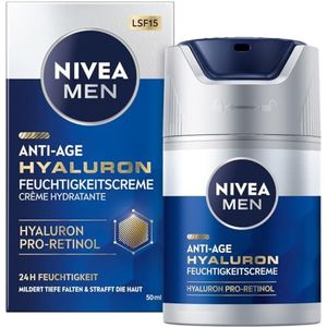 NIVEA MEN Anti-Age Hyaluron vochtinbrengende crème, gezichtsverzorging met hyaluron, pro-retinol en SPF 15, gezichtscrème voor 24 uur vocht en zichtbare rimpelvermindering (50 ml)