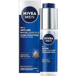 NIVEA MEN Anti-aging Hyaluron Hydro gezichtsgel, verfrissende gezichtsverzorging met hyaluron en pro-retinol, snel intrekkende gel voor 24 uur intensieve vochtigheid en zichtbare rimpelvermindering