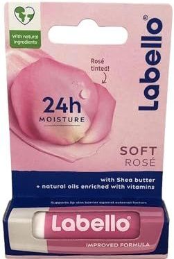 Labello Soft Rosé Gekleurde lippenbalsem met rozenextract, smeltende lippenbalsem met natuurlijke oliën en sheaboter, 24 uur hydraterende lippenbalsem met kleurpigmenten