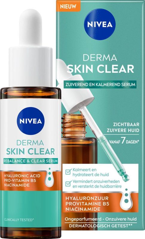 NIVEA Derma Skin Clear Serum Gezicht - Zuiverend & Kalmerend Gezichtsserum - Met Hyaluronzuur en Niacinamide - 30ml