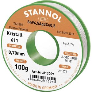 Stannol Kristall 611 Fairtin Soldeertin, loodvrij Loodvrij Sn96,5Ag3Cu0,5 REM1 100 g 0.7 mm