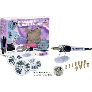 Knutselset strass met strasskolven, picker en strass-steentjes en klinknagels voor het versieren van stof, leer, papier, glas en andere materialen.