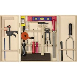 Pebaro 412 Professionele gereedschapskast, 23 delen, complete set in houten kast, hoogwaardige massieve gereedschappen, knutselset incl. hamer, zaag, tang, handboormachine, gereedschapskist voor