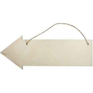 Rayher Houten bord pijl FSC 100% 40 x 15 cm dikte 6 mm met jute haak berkenhout houten bord om op te hangen, houten plank, deurbord, blanco deurbord, houten verkeersbord, 62848505