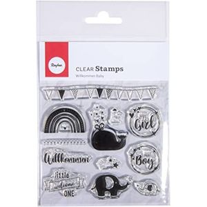 Rayher Clear Stamps Welkom Baby, vel 97 x 102,5 cmm, 12 motieven, helder, transparante stempel, doorzichtig, siliconen stempel, 50257000