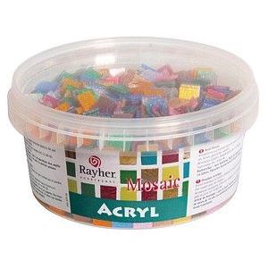 Rayher Hobby Rayher acryl mozaïekstenen mix, glitter, 1 x 1 cm, vierkant, ca. 1.200 stuks, doos 300 g, transparant, doorschijnend, bonte mix, kunststof stenen, kunststofmozaïek, 14791999