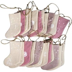 Rayher 46557000 Adventskalender Kerstkousen om te vullen, stof, 24 kousen aan jutekoord 220 cm, roze/mixtinten, normaal