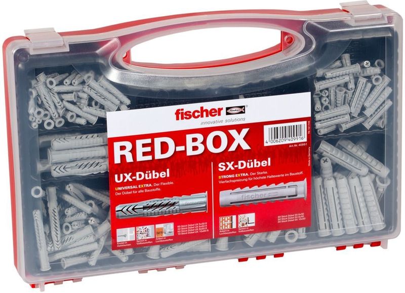 fischer Red-Box UX / SX Plus, ankerdoos met 160 universele ankers UX & 130 uitbreidingsankers SX Plus, voorgesorteerde ankerset voor talrijke bouwmaterialen en bevestigingen