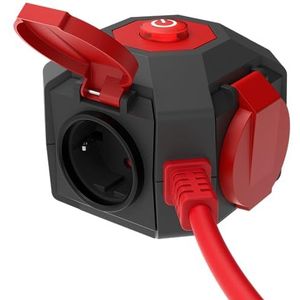 REV PowerGlobe Stopcontactkubus met schakelaar, IP44, rood, 1,4 m, 3680 W