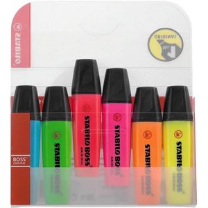 Textmarker STABILO® BOSS Original, Keilspitze, lichtbeständig, schnell trocknend, farbsortiert, 6 Stück