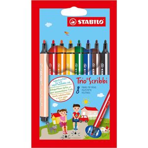 STABILO Gefederter Dreikant-Filzstift - Trio Scribbi - 8er Pack - mit 8 verschiedenen Farben