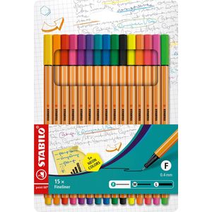 STABILO point 88 - Fineliner 0,4 mm - 15 Stuks Etui - 10 Standaard + 5 Neon Kleuren