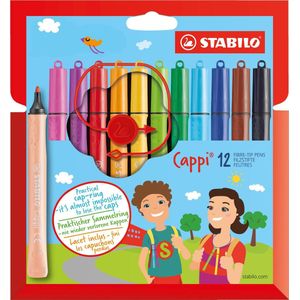 STABILO Cappi - Viltstift - Nooit Meer Je Dop Kwijt Dankzij De Dopring - Etui Met 12 Kleuren + 1 Dopring