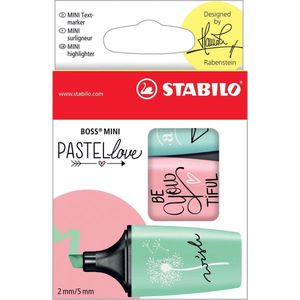 STABILO 07/03-57 Tekstmarkeerstift - BOSS MINI Pastellove - 3 kleuren - zacht turquoise, roze rouge, vleugje mintgroen, zacht turquoise, roze rouge, vleugje mintgroen